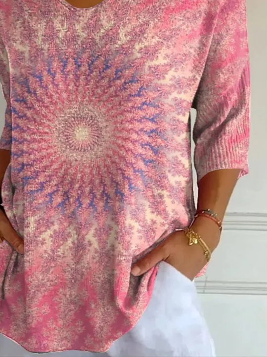 Women's Three Quarter Sleeve T-shirt Spring/Fall Pink Abstract Printing V Neck Daily Going Out Casual Top