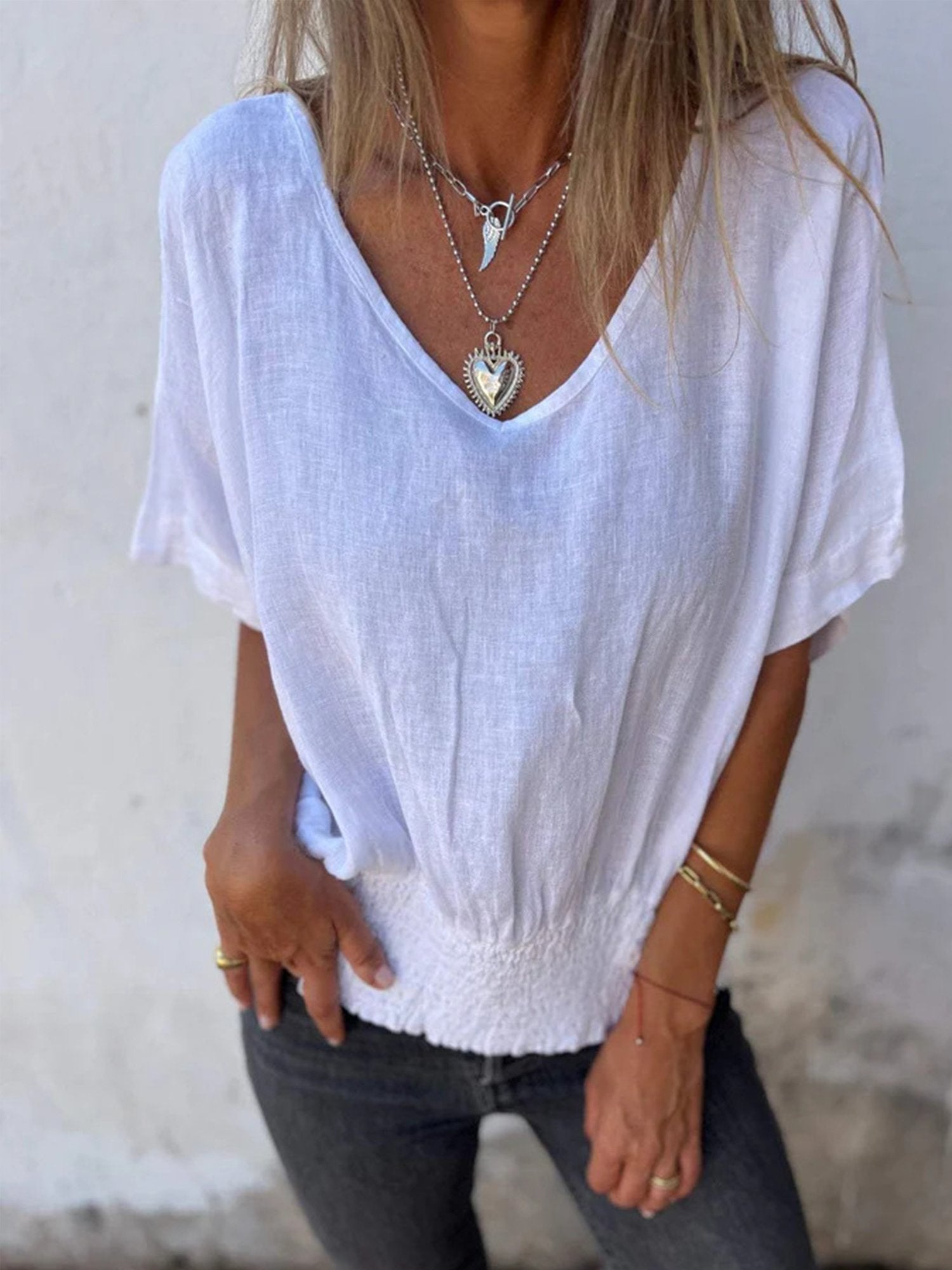 Cotton And Linen Casual Plain V Neck Blouse