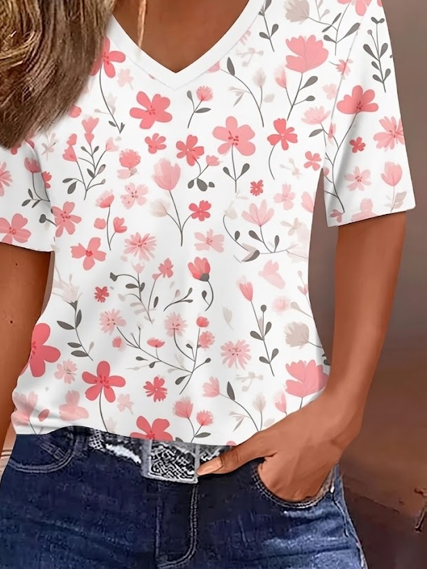 Women's Short Sleeve T-shirt Summer White Floral Printing V Neck Holiday Going Out Vintage Top