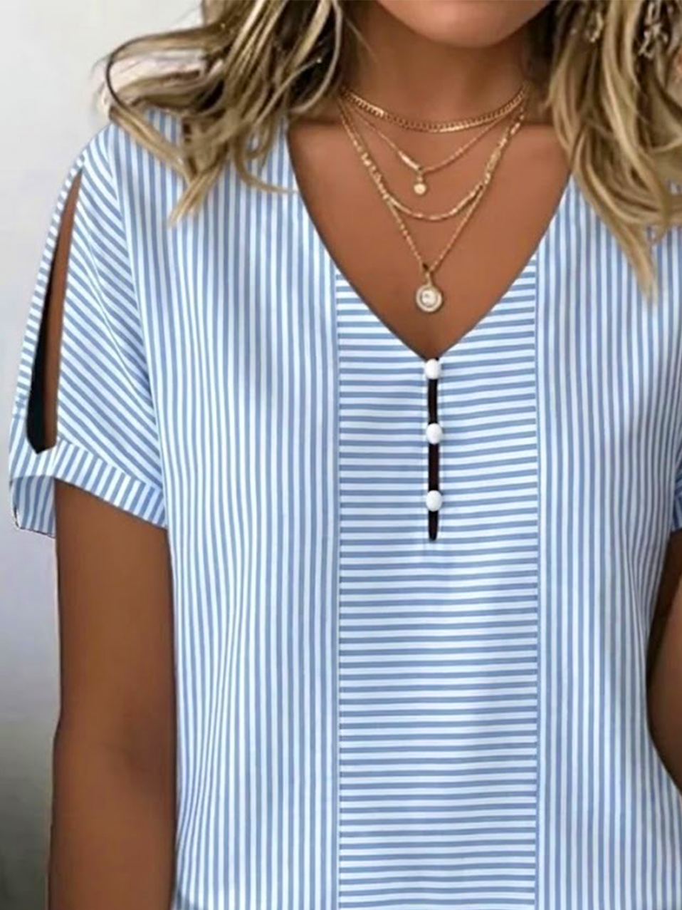 Elegant Striped V Neck Regular Fit T-Shirt