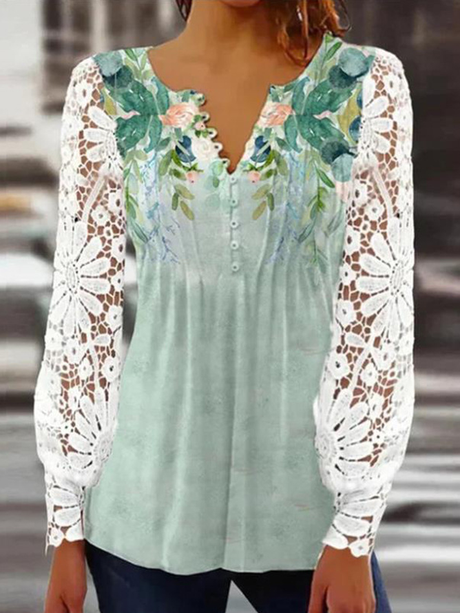 Lace Casual Loose V Neck Jersey Blouse