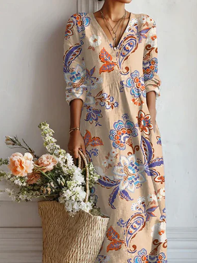 Crew Neck Casual Loose Geometric Dress With No