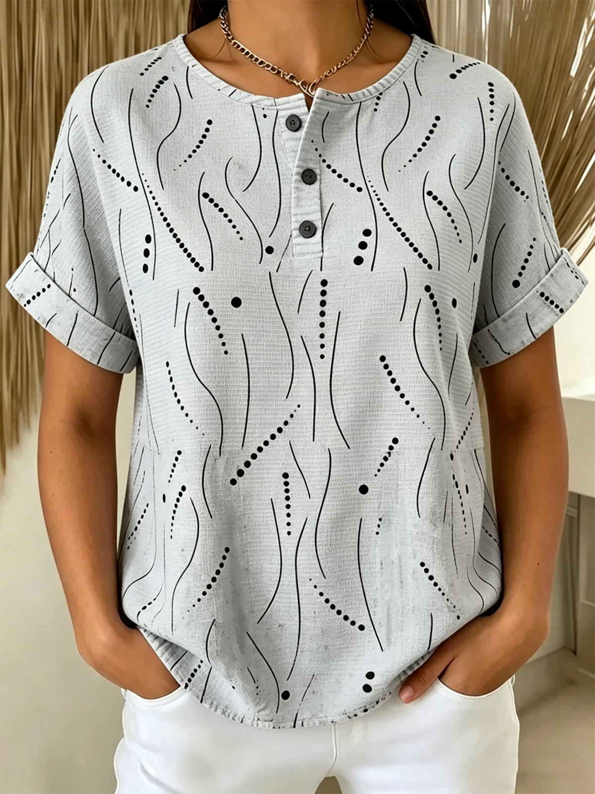 Women’s Abstract Line & Dot Print Henley Neck Short Sleeve T‑shirt
