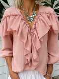 Loose Elegant Lotus Leaf Collar Balloon Sleeve Shirt