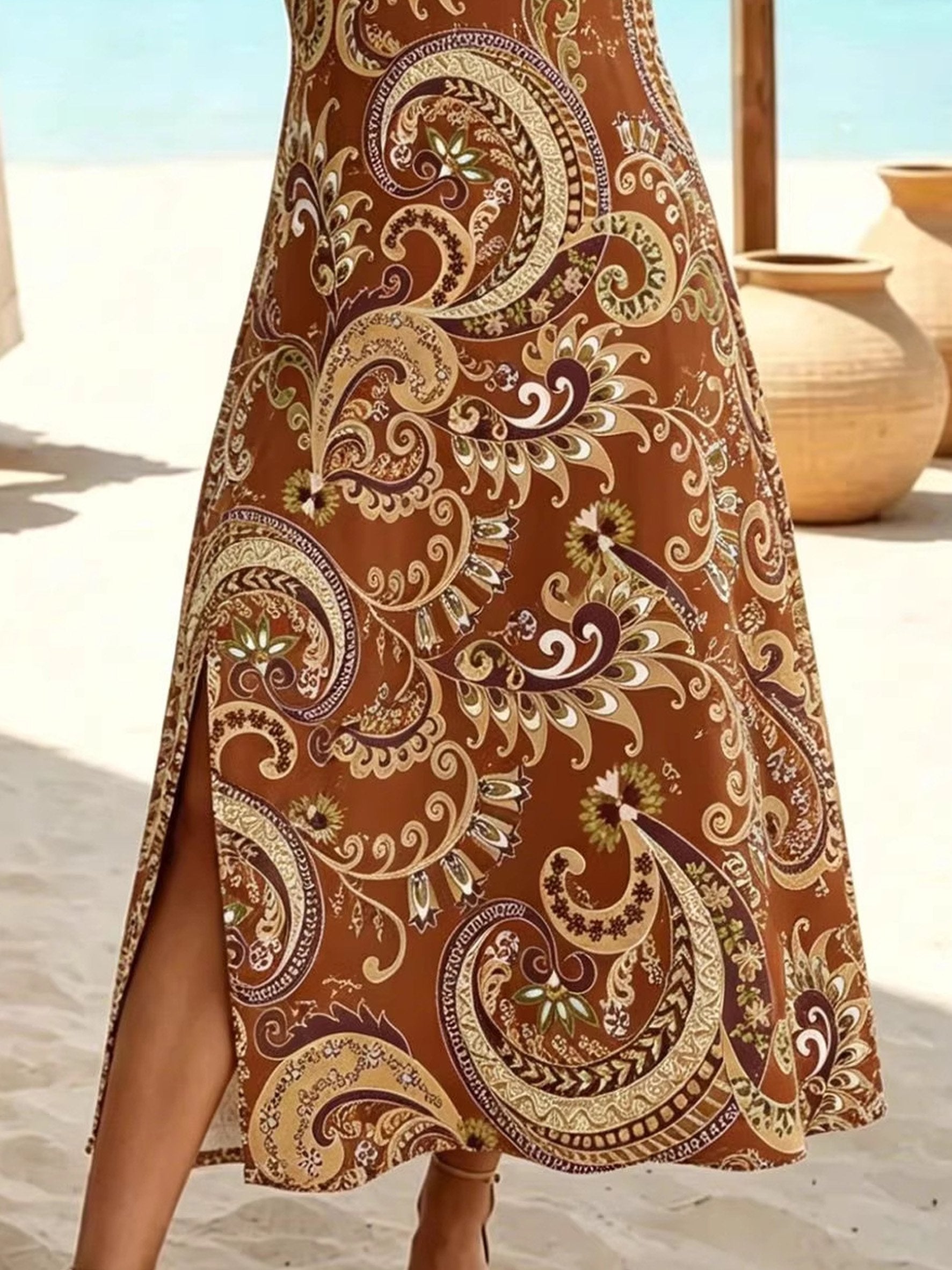 Women's Short Sleeve Summer As Picture Paisley Cashew Flowers V Neck Short Sleeve Daily Going Out Vacation Casual Boho Maxi A-Line T-Shirt Dress