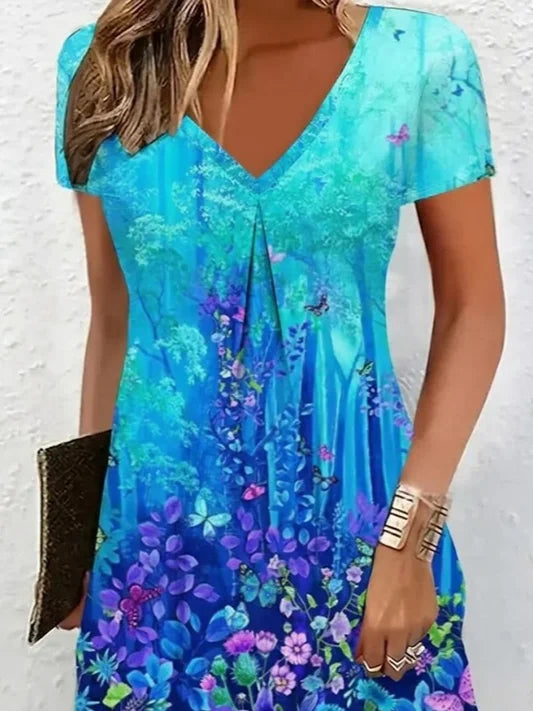 Women's Floral Butterfly Spring Print Casual V-Neck Short Sleeve Dress