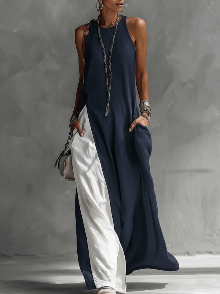 Casual Color Block Crew Neck Maxi Dress