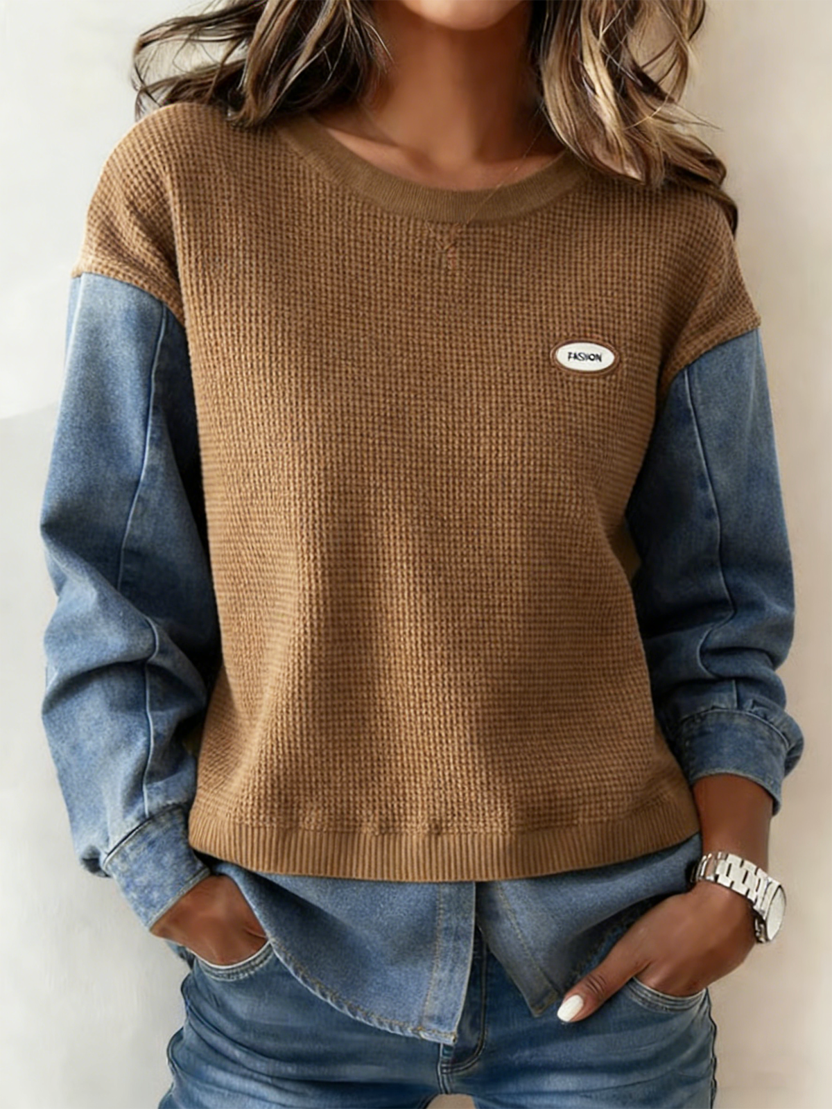 Stylish Two-Piece Look Denim And Knit Patchwork Sweatshirt