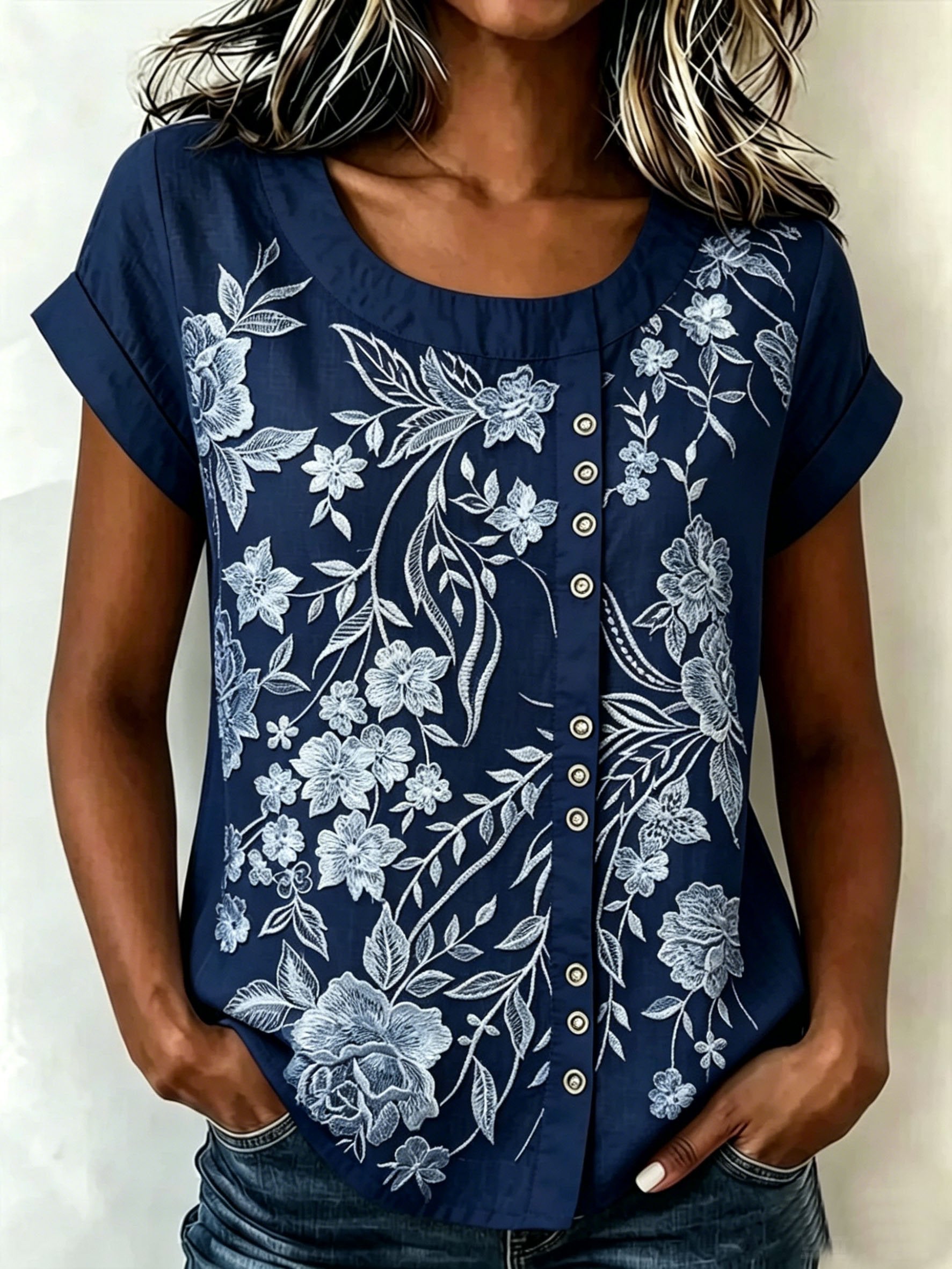 3D Printing Casual Linen Blend Crew Neck Loose Casual Top