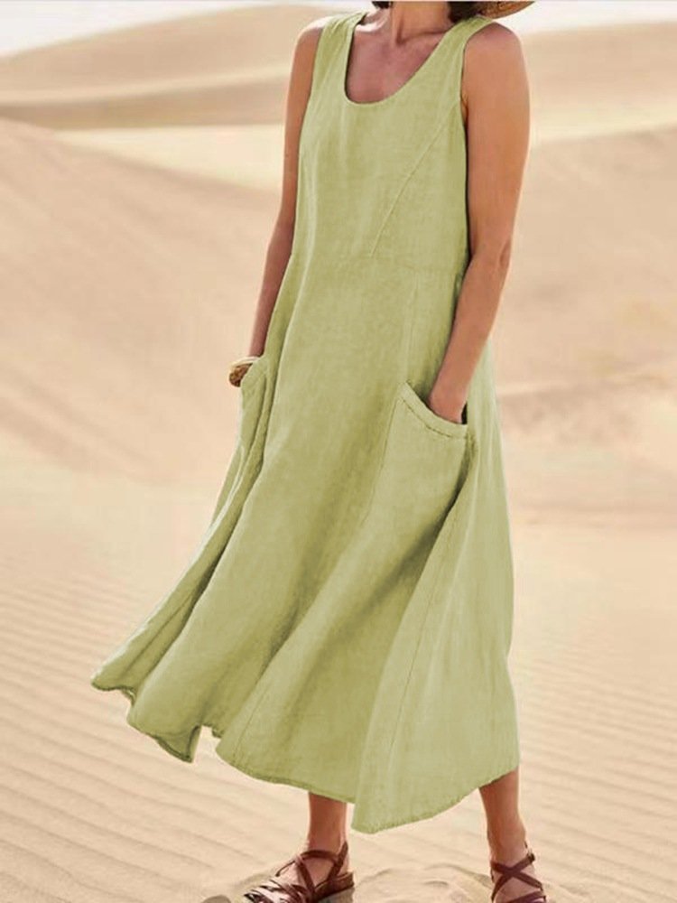 Women's Sleeveless Summer White Plain Split Joint Crew Neck Daily Going Out Casual Maxi A-Line Fit & Flare Dress Dress