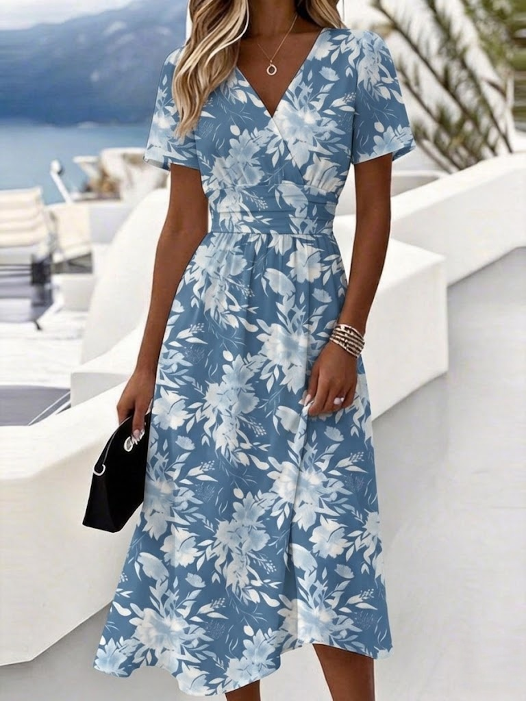 V Neck Floral Elegant Dress With No