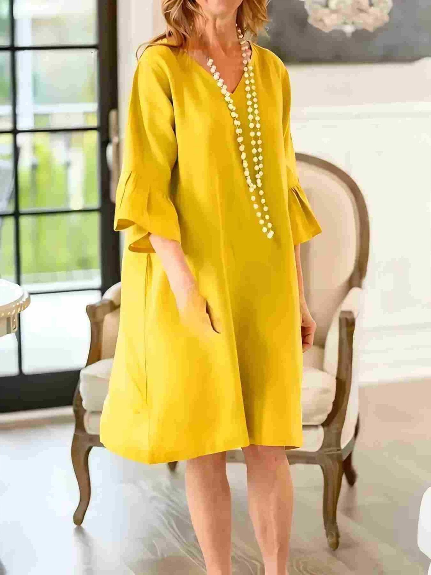 Casual Plain Ruffle Sleeve V Neck Knee Length Dress