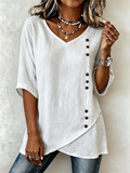 Vintage Loose Cotton-Blend V Neck Shirt