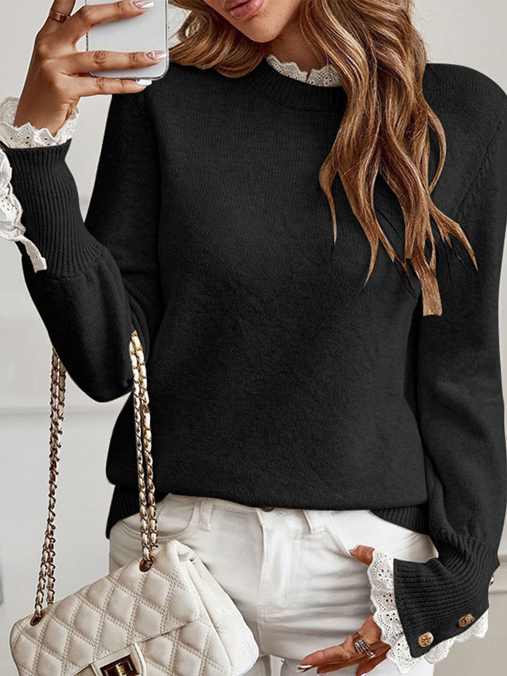 Elegant Lace Ruffle Crew Neck Knit Blouse