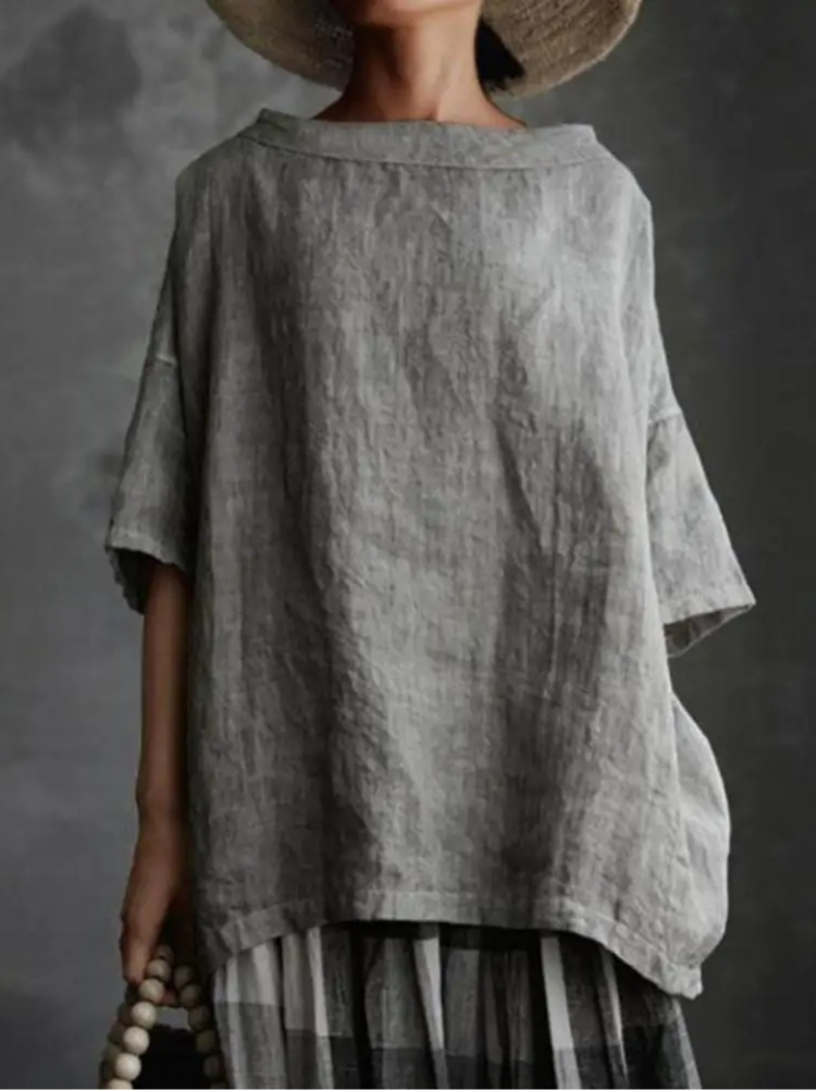 Cotton Casual Plain Crew Neck Blouse