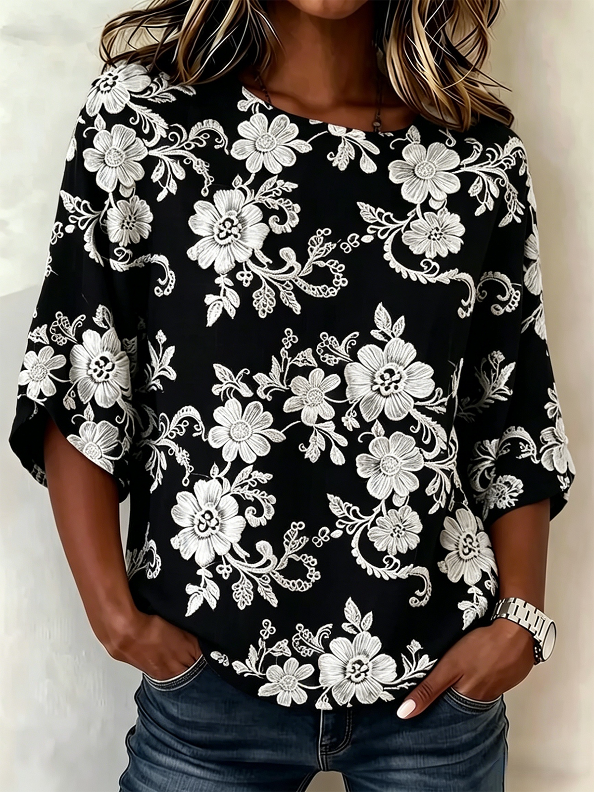 Light Brown 3D Flower Print Round Neck 3/4 Sleeve Blouse
