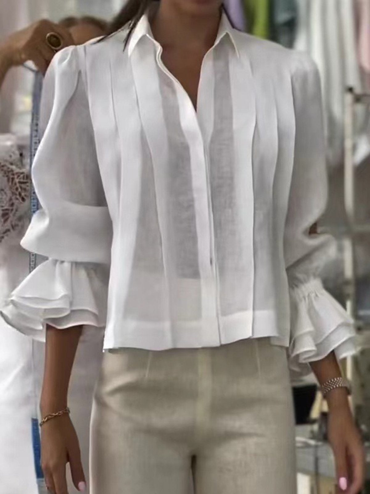 Women Casual Plain Spring/Fall Polyester Daily Regular H-Line Regular Shirt Collar Shirts
