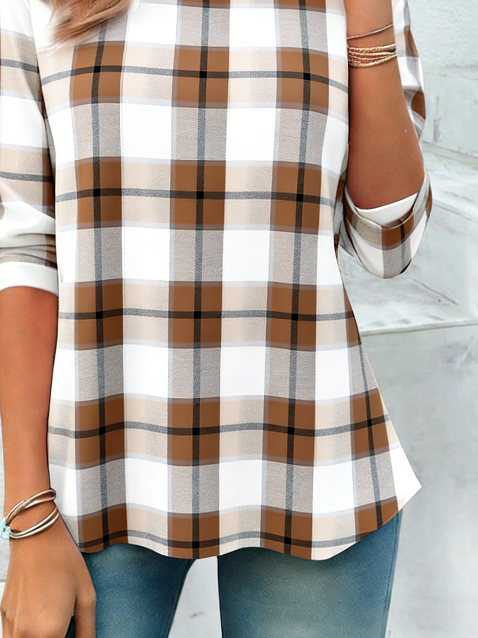 Elegant Plaid Loose Cotton T-Shirt