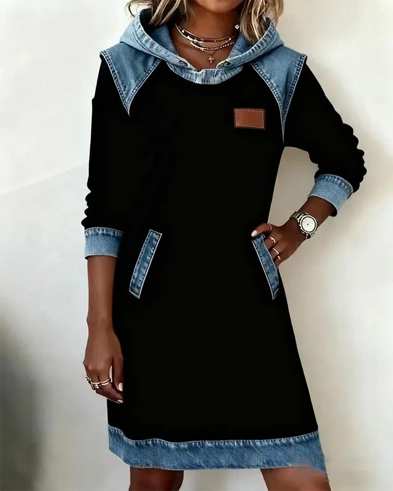 Women’s White Jean Patchwork Long Sleeve Hooded Midi Sweatshirt Dress