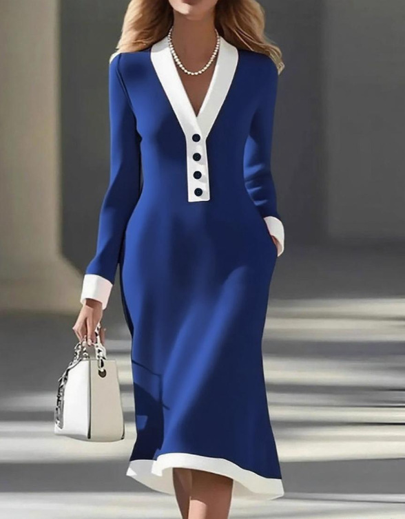Women's Black Long Sleeve White Trim V Neck Midi Dress Elegant Bodycon Dress