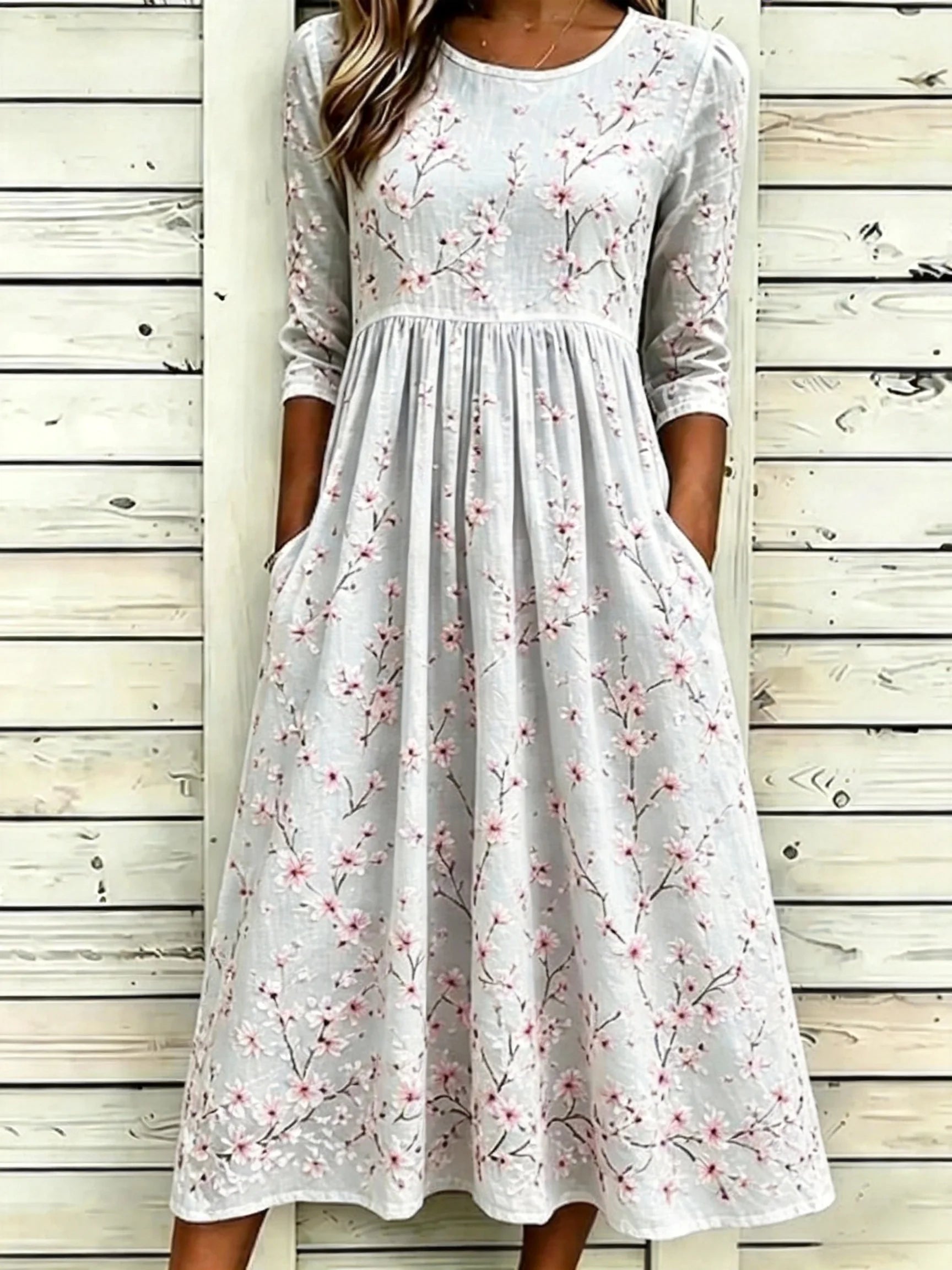 Women's White Floral Print Maxi Dress Short Sleeve Casual A-Line with Pockets