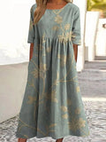 Loose Vintage Floral Crew Neck Dress With No