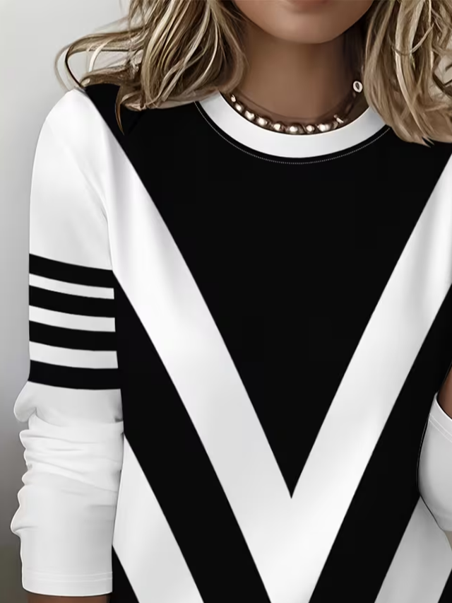Women's Long Sleeve T-shirt Spring/Fall Black-white Abstract Printing Jersey Crew Neck Daily Going Out Casual Top