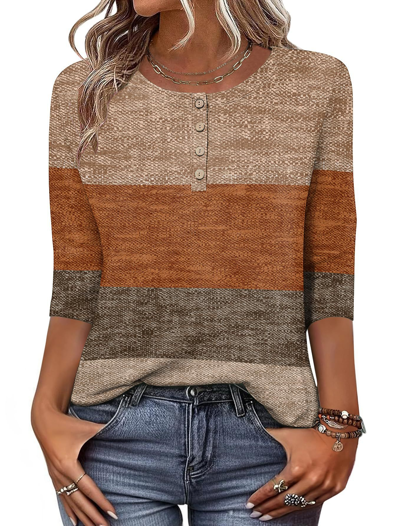 Striped Crew Neck Elegant Regular Fit 3/4 Sleeve Summer Casual Blouse Spring Tee Shirt