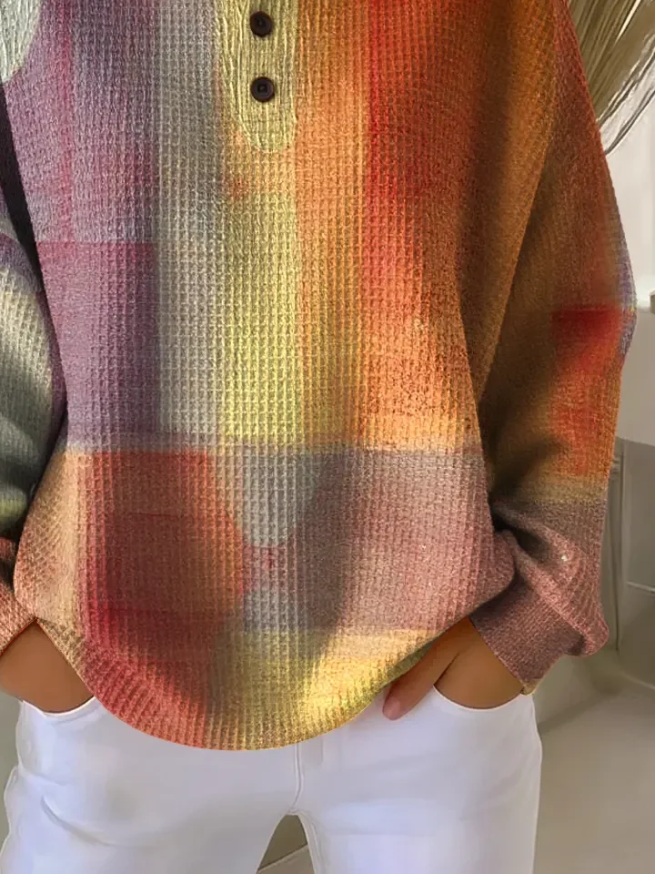 Women's Abstract Print Button-Up Casual Waffle Knit Sweatshirt