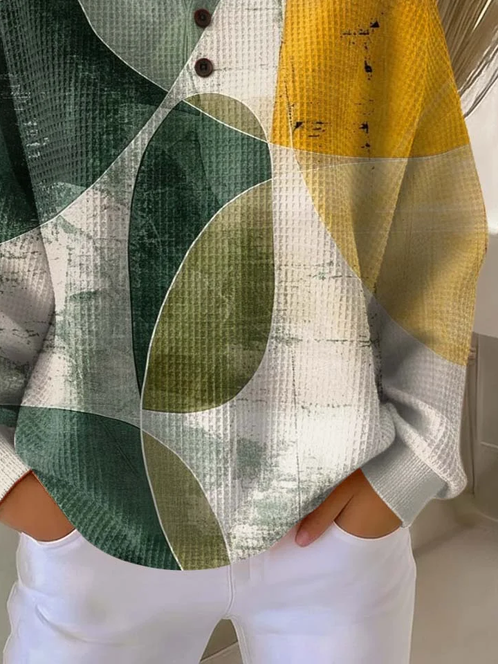 Women's Abstract Print Button-Up Casual Waffle Knit Sweatshirt