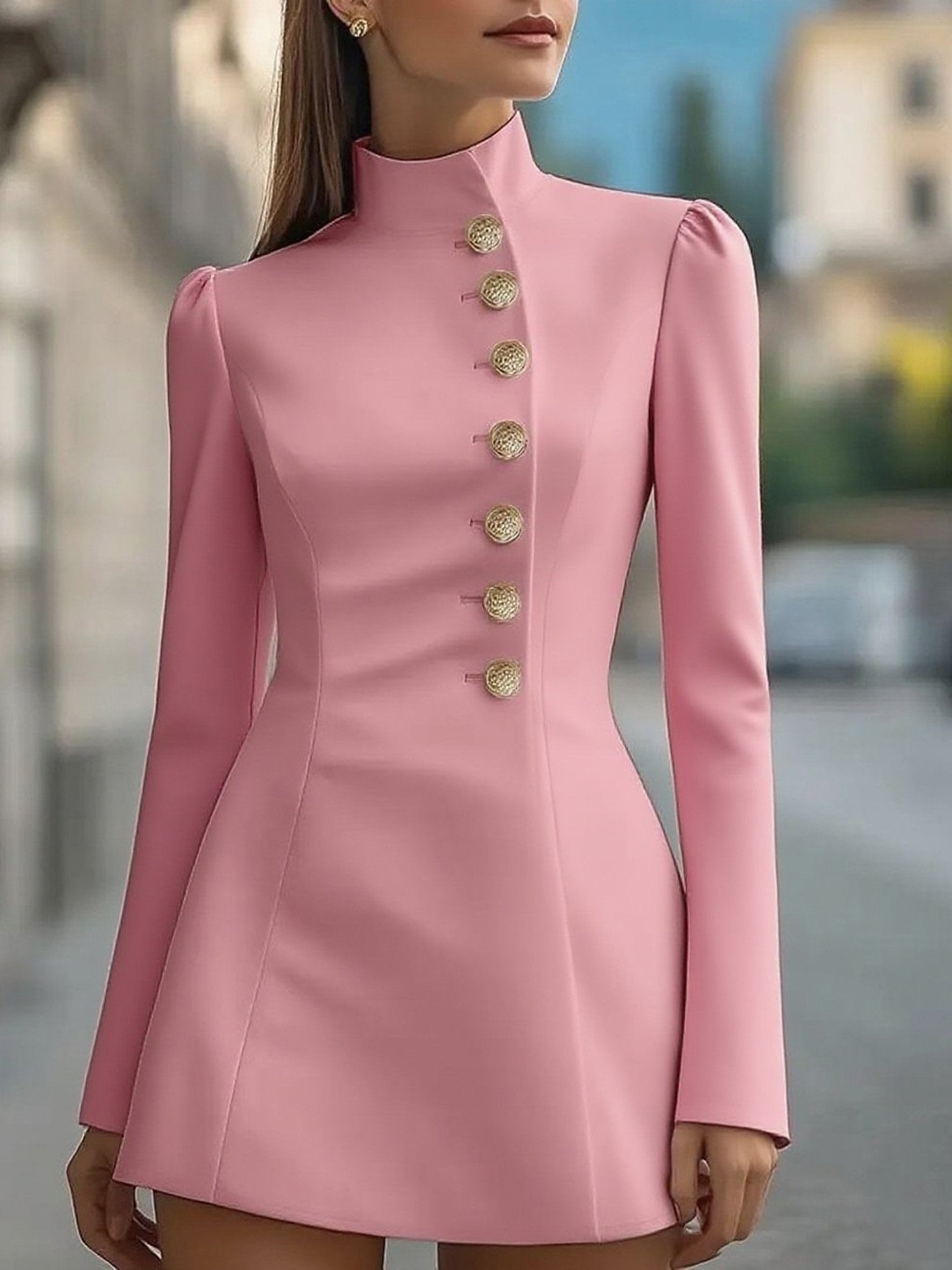 Elegant Plain Long Sleeve Stand Collar Button Dress