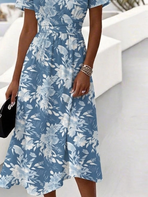 V Neck Floral Elegant Dress With No