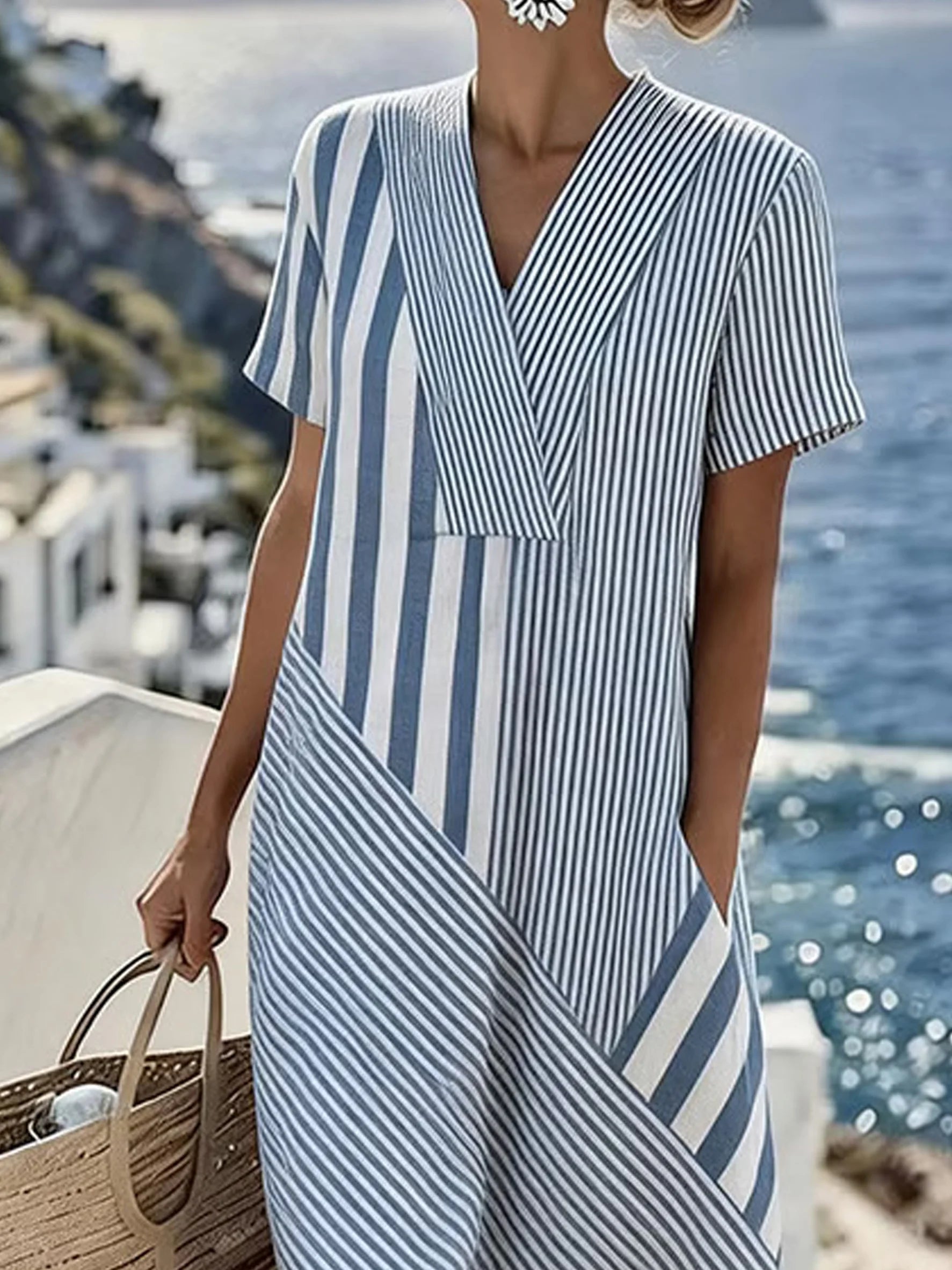 Striped V Neck Short Sleeve Spring/Summer Going Out Casual Dress