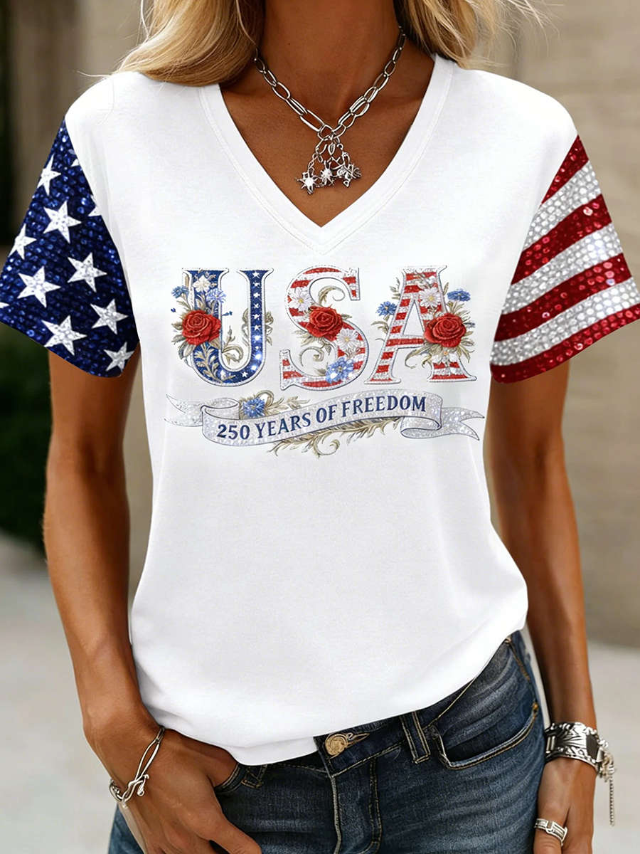 Women's Short Sleeve T-shirt Summer White Text Letters Printing V Neck Holiday Going Out Vintage Top