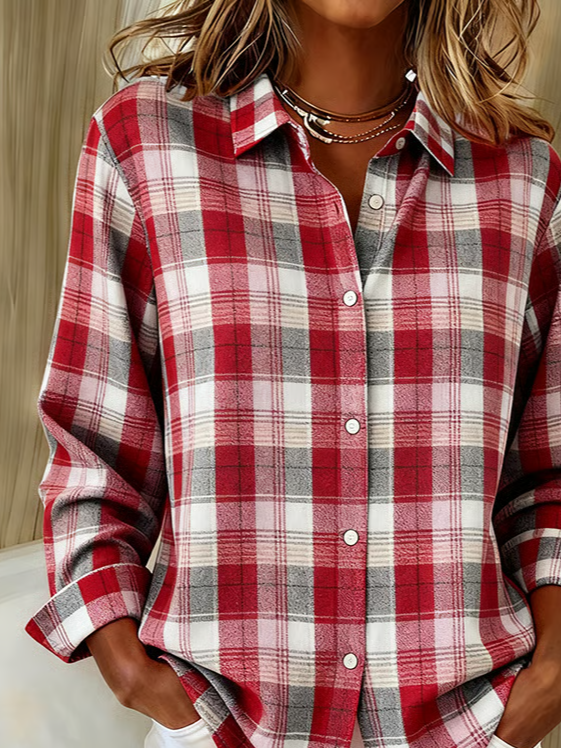 Women's Long Sleeve Shirt Spring/Fall Red Plaid Buckle Shirt Collar Regular Sleeve Daily Going Out Casual Top