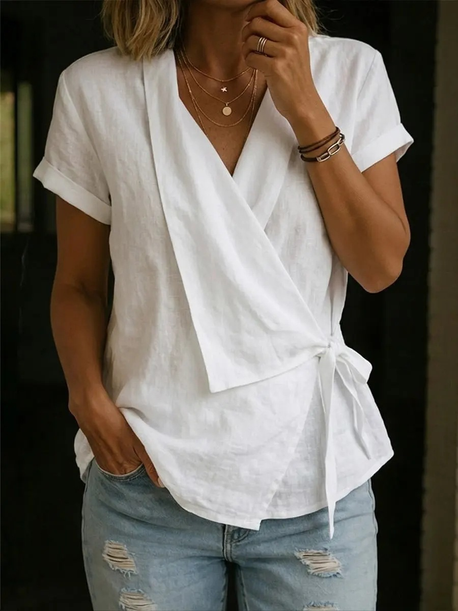 Cotton And Linen Botancial Floral Printed Wrap Detail V Neck Short Sleeve Irregularly Shaped Hem Vintage Casual Blouse