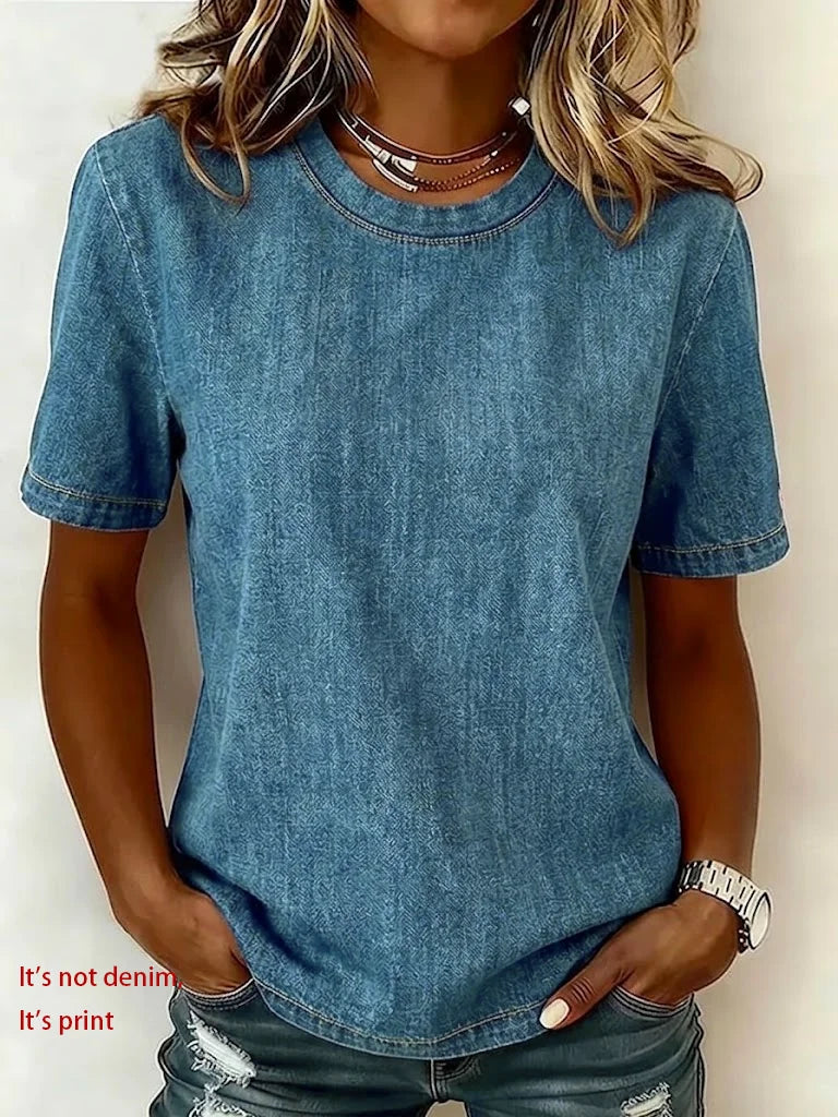 Women's Short Sleeve T-shirt Summer Blue Plain Printing Jersey Crew Neck Daily Going Out Casual Top