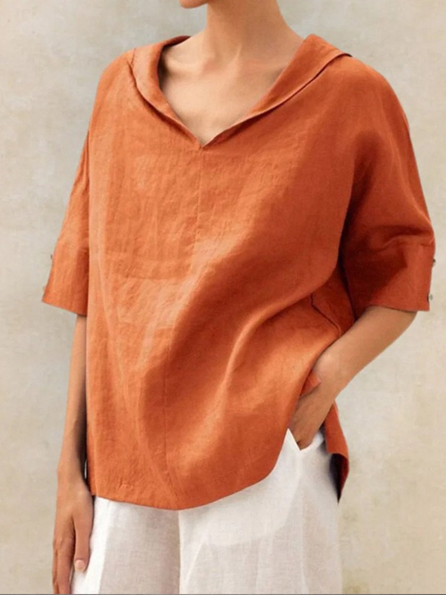 Casual Plain V Neck Short Sleeve Blouse