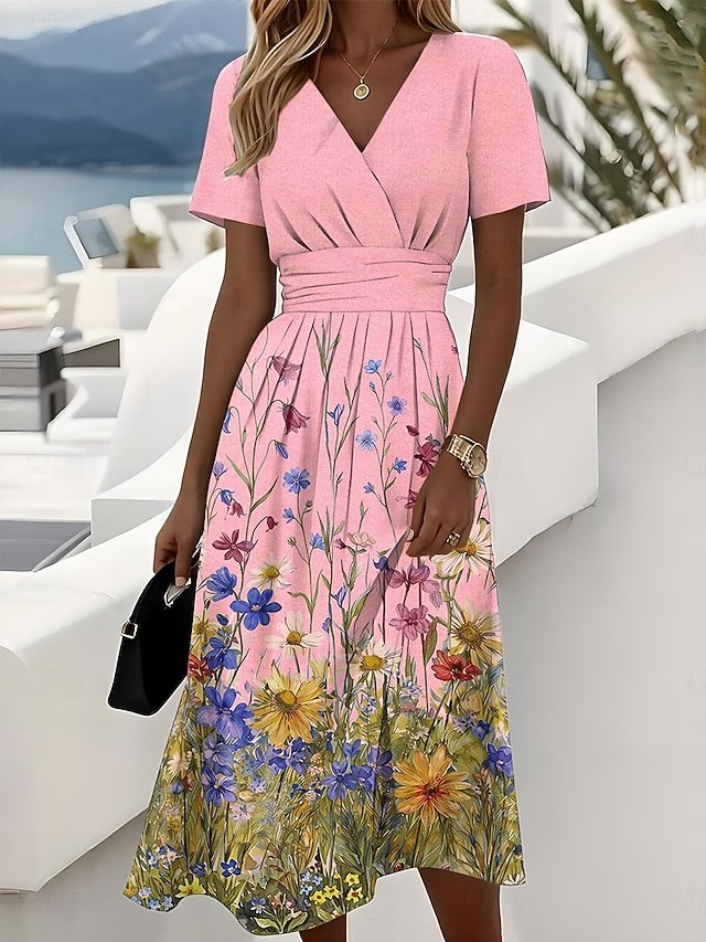 Elegant V Neck Floral Regular Fit Dress With No
