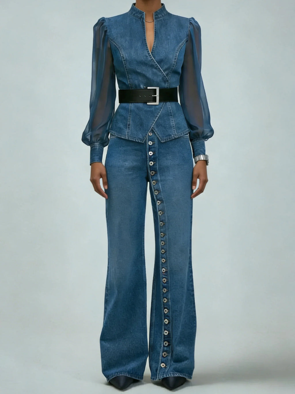 Women's Fashionably Elegant Slim-fitting Denim Look Jacket With Organza Sleeves Casual Blouse