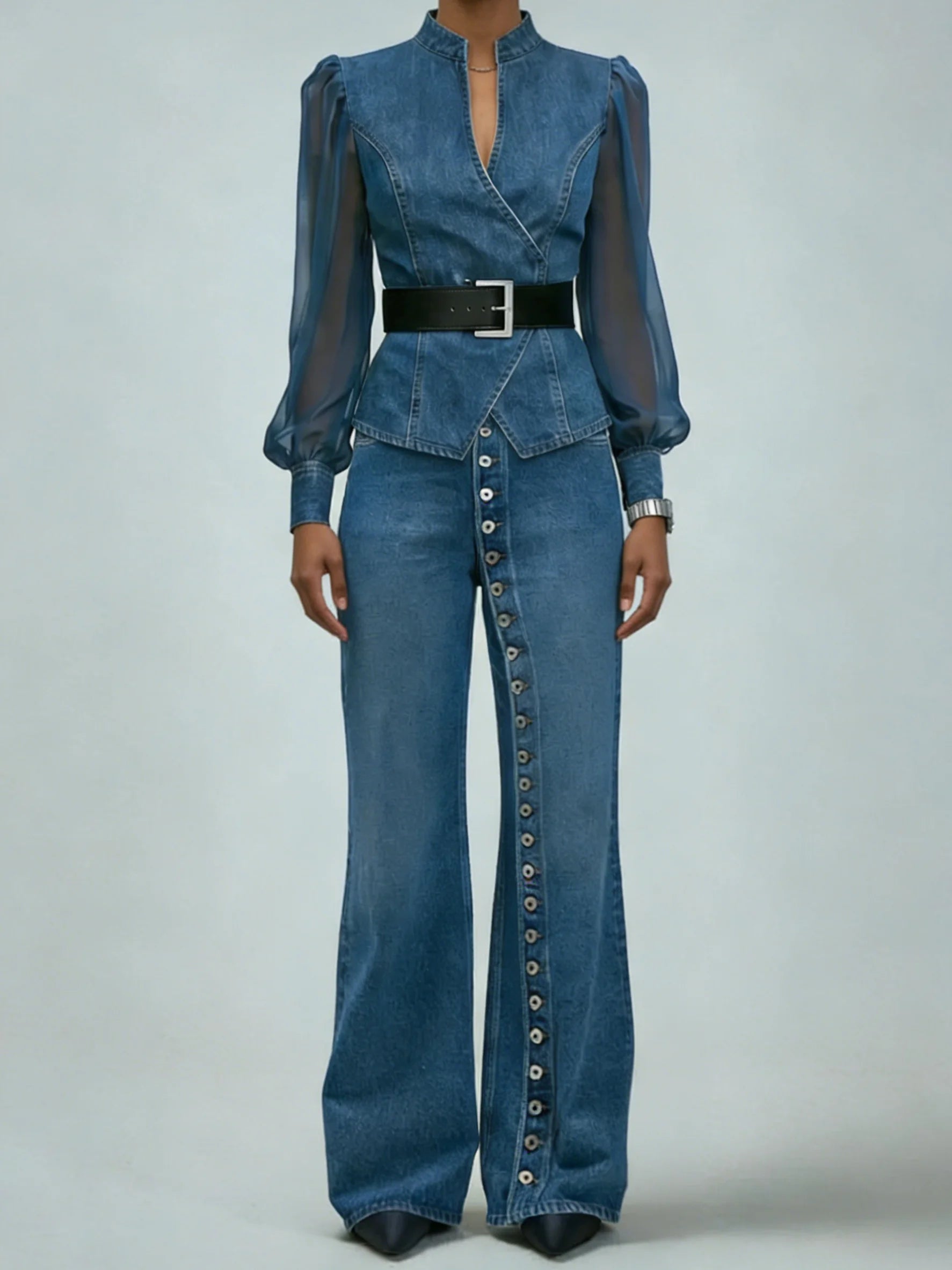 Women's Fashionably Elegant Slim-fitting Denim Look Jacket With Organza Sleeves Casual Blouse