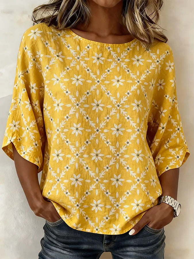 Women's Half Sleeve Blouse Summer Blue Floral Printing Crew Neck Daily Going Out Vintage Top