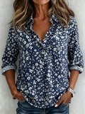 Women's Navy Floral Print Long Sleeve Roll Tab Casual Popover Blouse