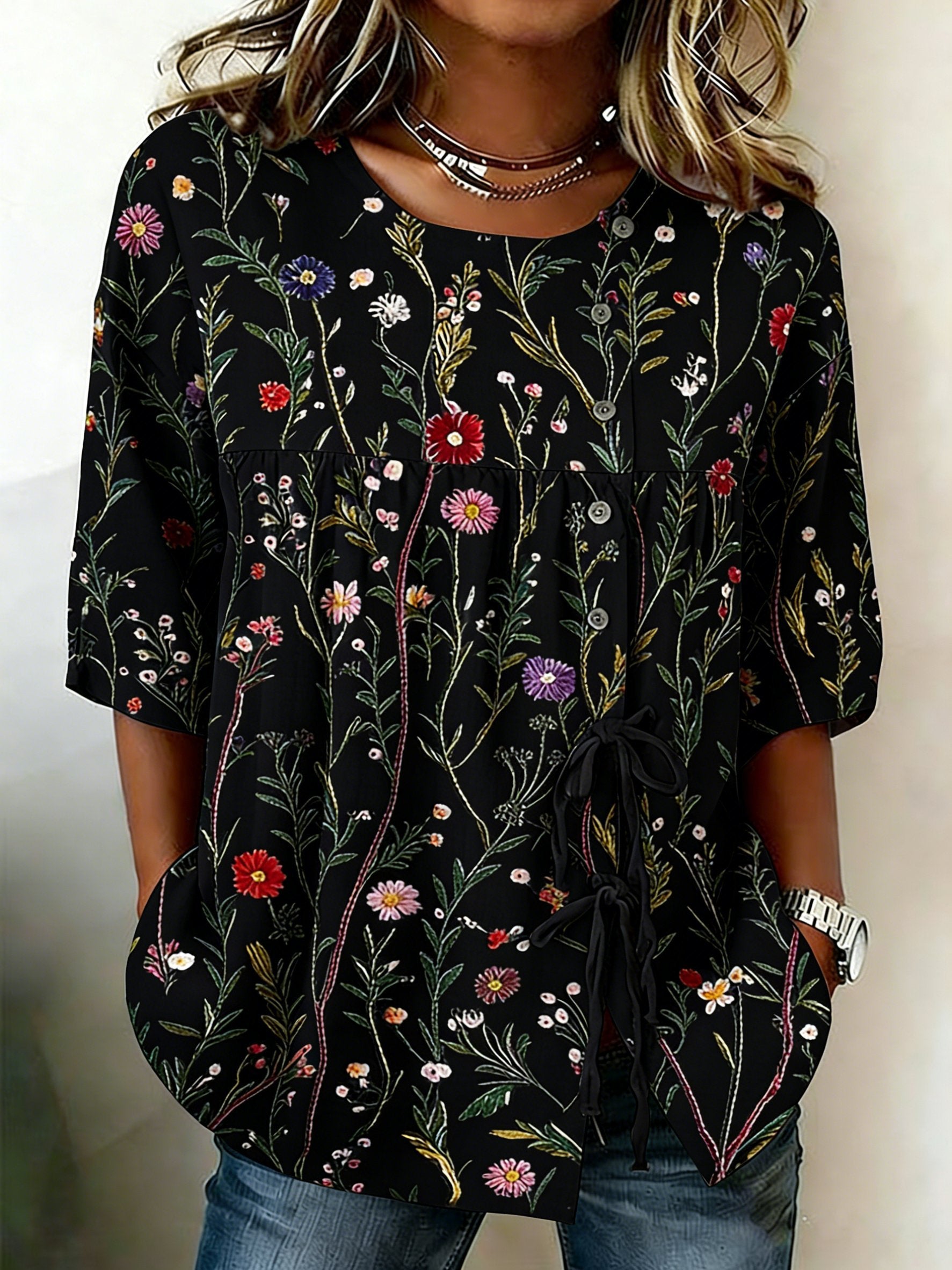 Vintage Crew Neck Linen Blend Floral Blouse