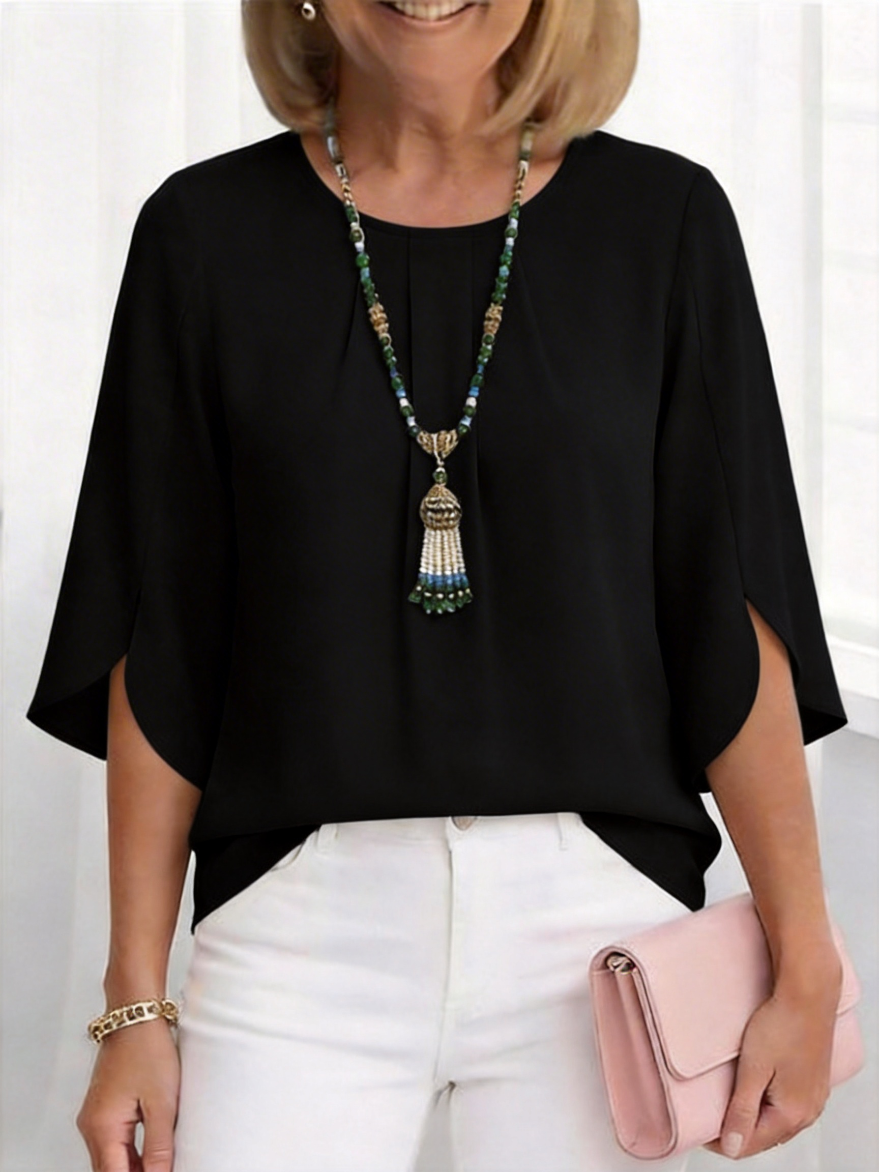 Solid Round Neck Ruffle Sleeve Loose Fit T-Shirt