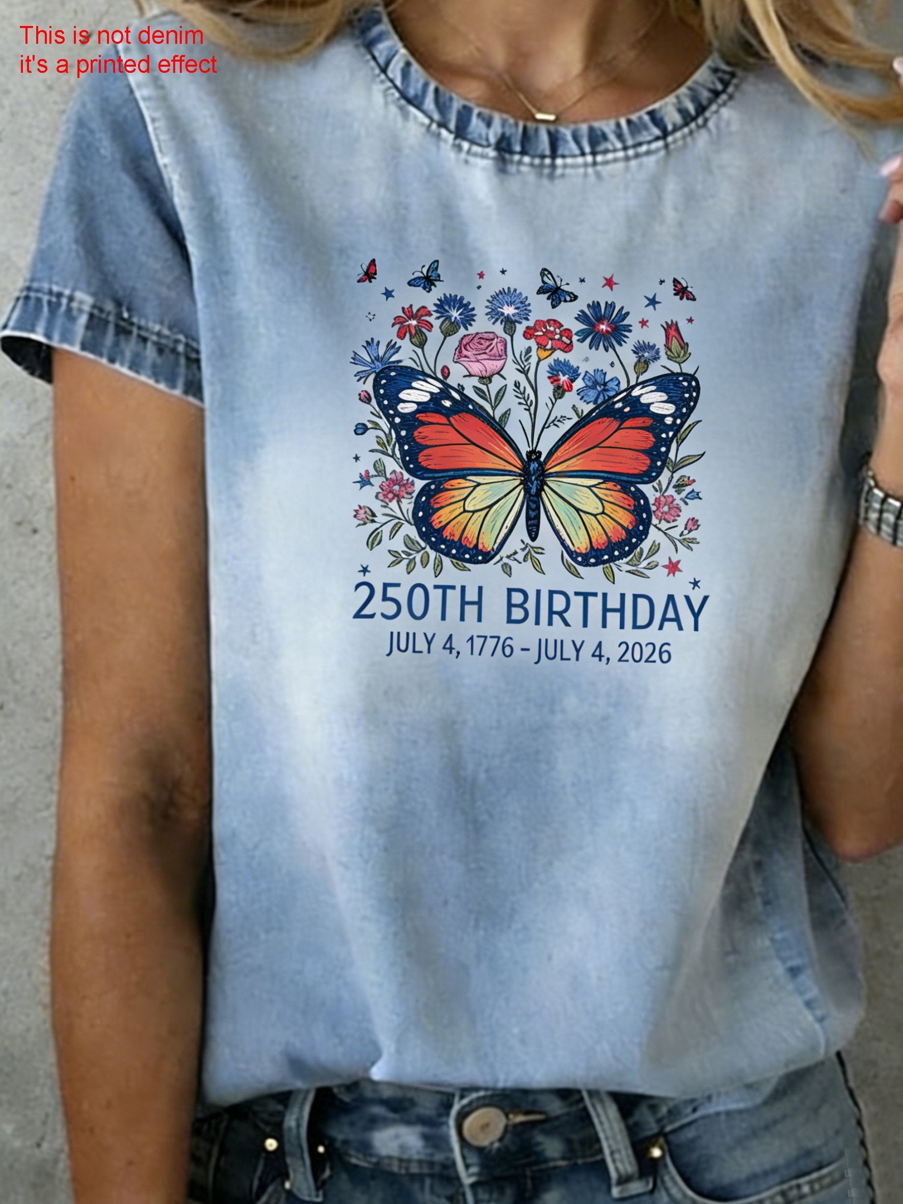 3D Printing Butterfly Round Neck Short Sleeve 250th Anniversary Letter Pattern Summer Casual T-Shirt