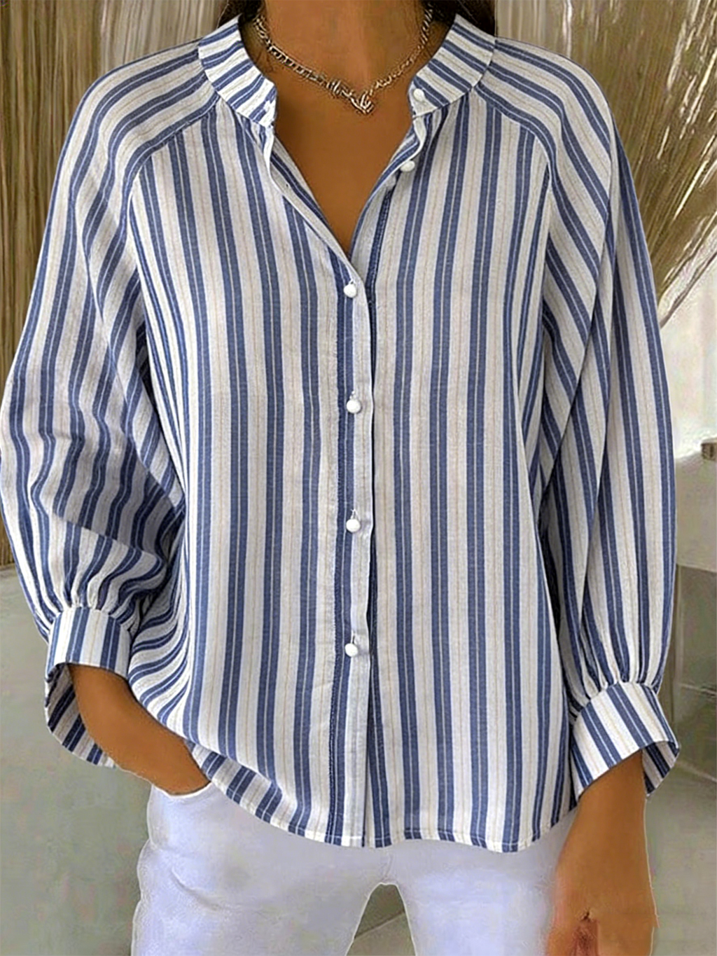 Linen Blend Balloon Sleeve Loose Others Casual Shirt
