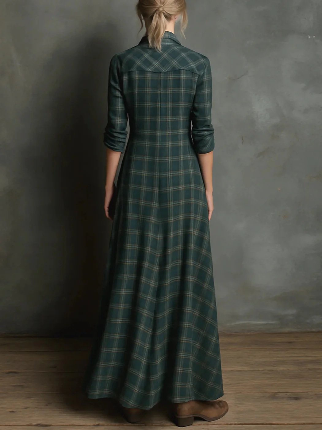 Plaid Shawl Collar Loose Vintage Shirt Dress With No