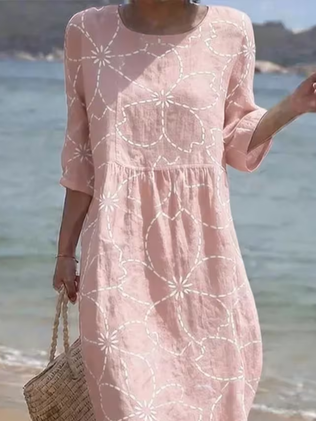 Women's Half Sleeve Summer Pink Floral Printing Crew Neck Daily Going Out Casual Maxi H-Line Dress