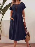 Casual Plain Gathered Crew Neck Midi Dress